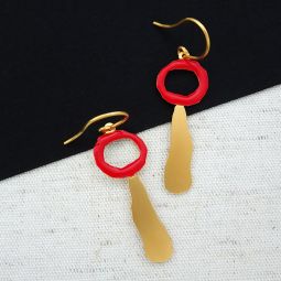 Miro Open Red Circle, Gold Drop Earrings